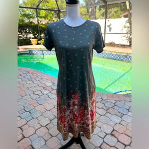 J. Jill Cotton Gray Floral Border Print Dress Size Small measurements below